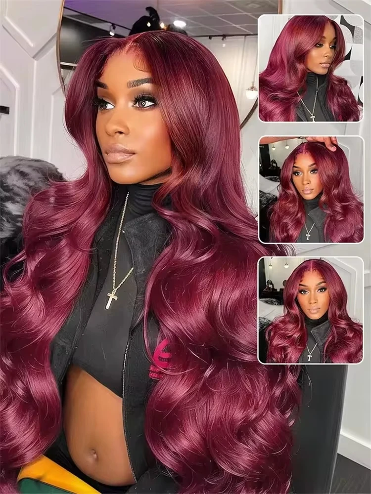 99J Burgundy Body Wave 13x6 HD Lace Frontal Human Hair Wigs for Women 250% Density Brazilian Red Color 13x7 Lace Frontal Wig 40 2