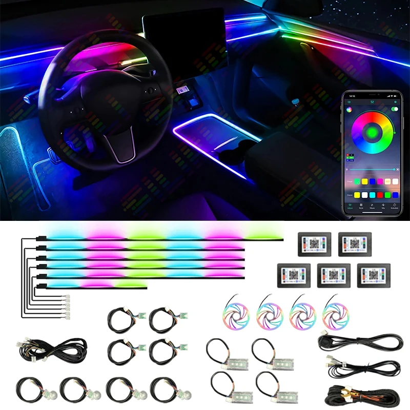 22 in 1 스트리머 자동차 주변 조명 RGB 213, 64 색 LED 인테리어 레인보우 아크릴 스트립, 심포니 원격 분위기 램프 키트