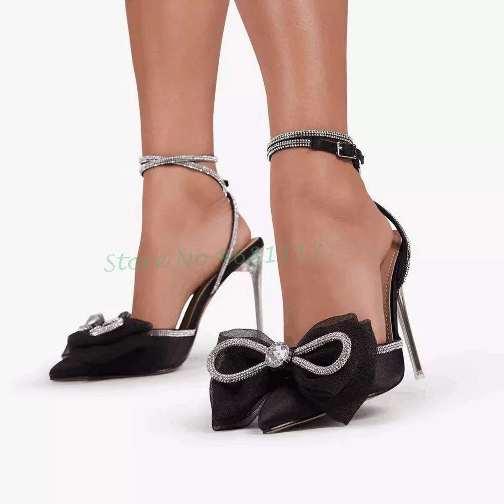 Women Tulle Crystal Bow Heels Sandals Slingback Thin High Heel Pink Pointy Toe Shoes Summer All Match Diamond Embellished
