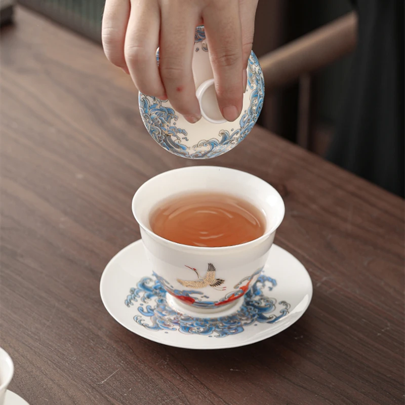 Suet jade crane Chinese ceramic gaiwan tea tureen cloud teaware cup Chinese fish tea bowls vintage chawan ceramony set