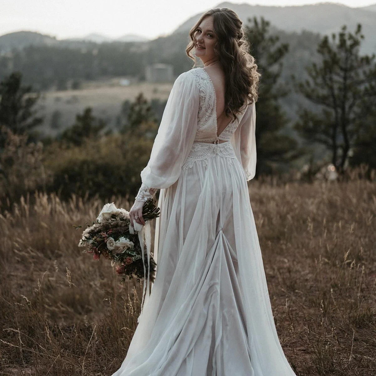 sachin and babi light blue dress Long Puff Sleeves Plunge V Neck Boho Wedding Dress Customized High Slit A  Line Chiffon Skirt Backless Real Photos Bridal Gown