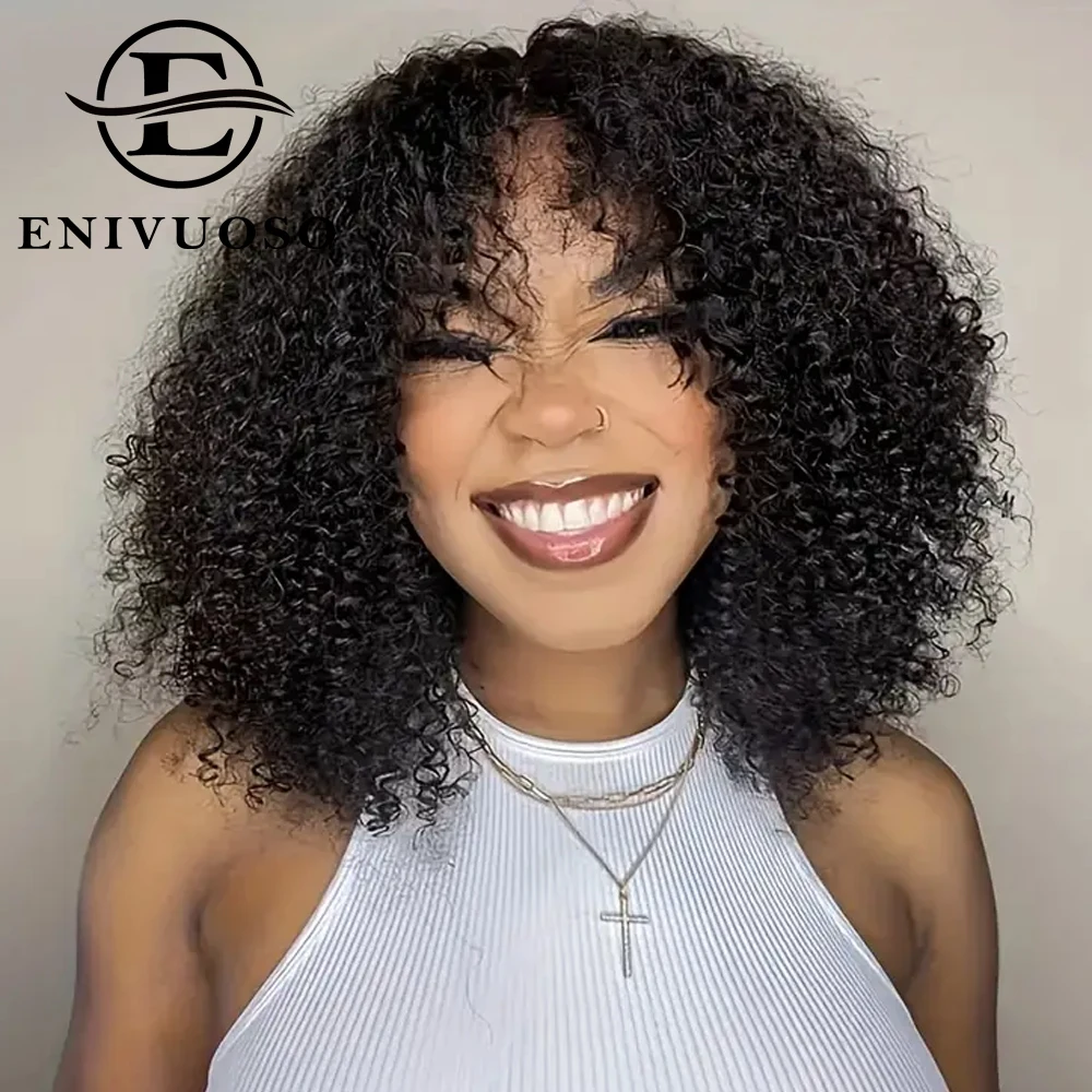 

Kinky Curly Human Hair Wig With Bangs 180% Density Full Machine Glueless Wigs Short Jerry Curly Brazilian Human Hair For Women