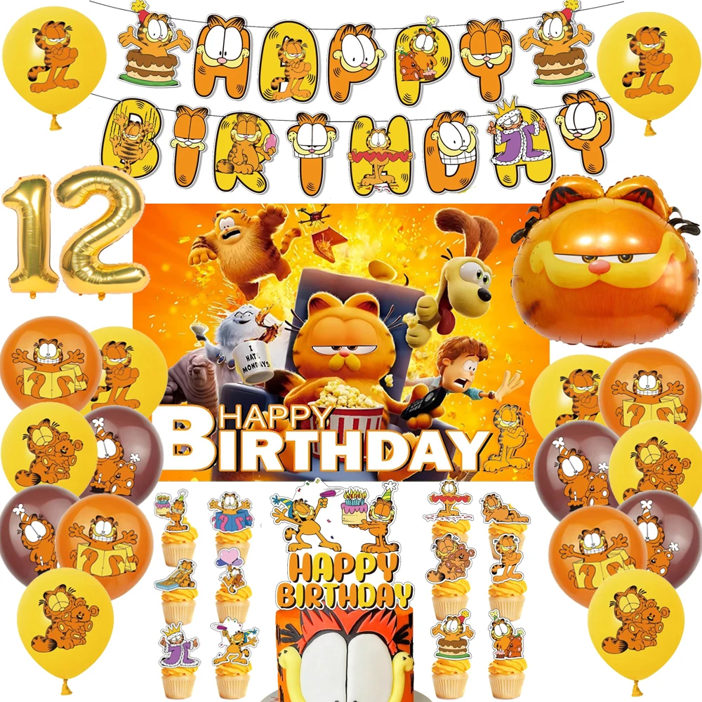 Decoración de fiesta de cumpleaños con dibujos de Garfield, lindos y divertidos globos de gato, pancarta, fondo, vajilla, vasos, suministros para fiestas, juguetes para niños, regalo