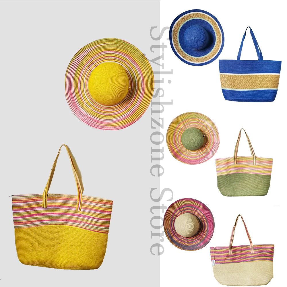 

Summer Straw Hat Big Bag Set Colorful Striped 2024 Women's Beach Sun Hat Anti-UV Foldable Travel Panama Hat