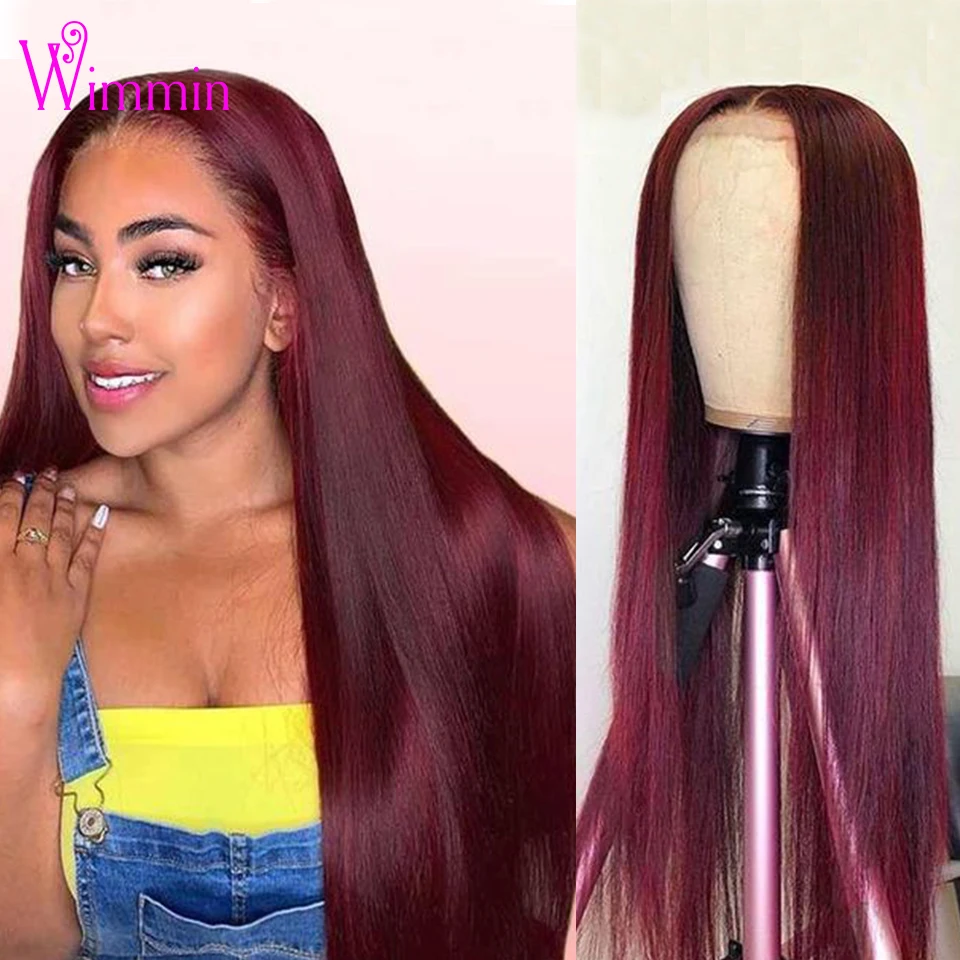 

Burgundy Lace Front Human Hair Wigs 99J Straight HD Transparent 4X4 Lace Closure Wig For Women Pre Plucked Remy Colored 30inch