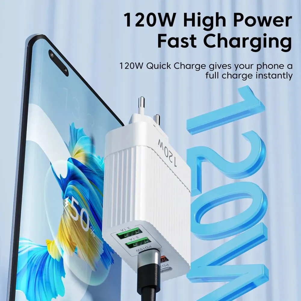 5in1 USB Charger Quick Charge 120W Fast Charging Phone Charger Adapter For iPhone Samsung Xiaomi Huawei USB Type C Wall Charger