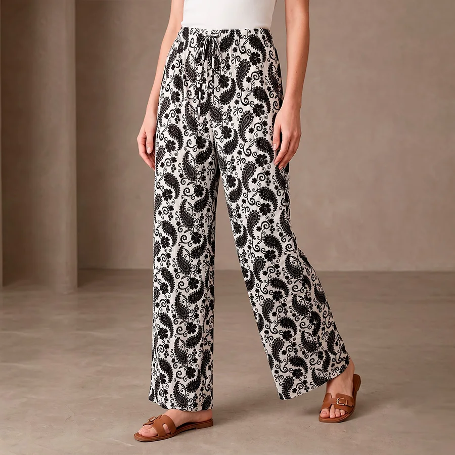 Pantalón Fluido de Pierna Ancha con Estampado y Cintura Ajustable