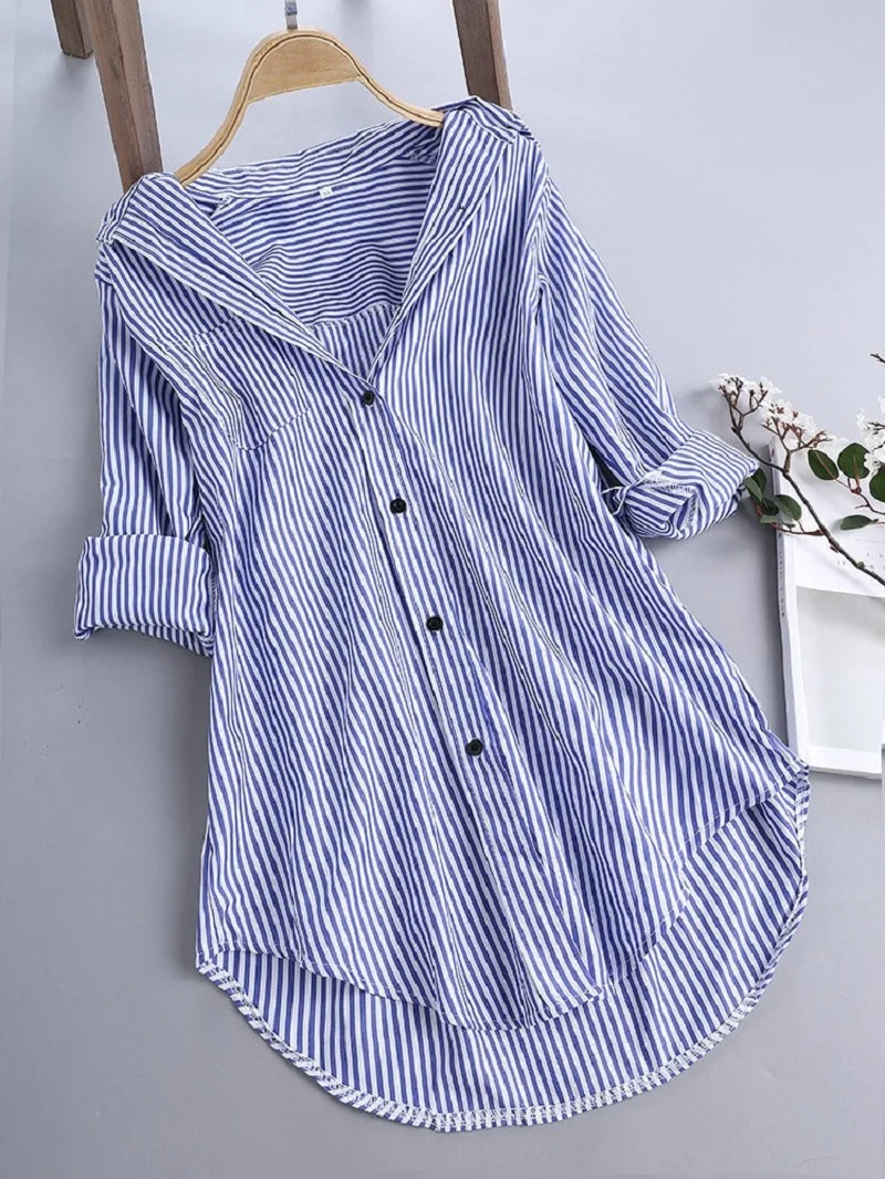 Ladies Turn-Down Collar Blouse Shirt Top Spring Autumn Loose Casual Female Women Striped Long Sleeve Blouse Top Shirt Plus Size 5