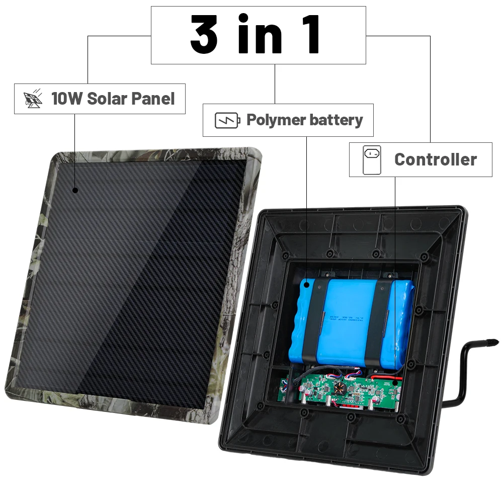 Trail Camera Solar Panel, Solar Charger Kit 12V/2A Build-in 25000mAH Rechargeable Battery IP66 Waterproof Hunting Accessory