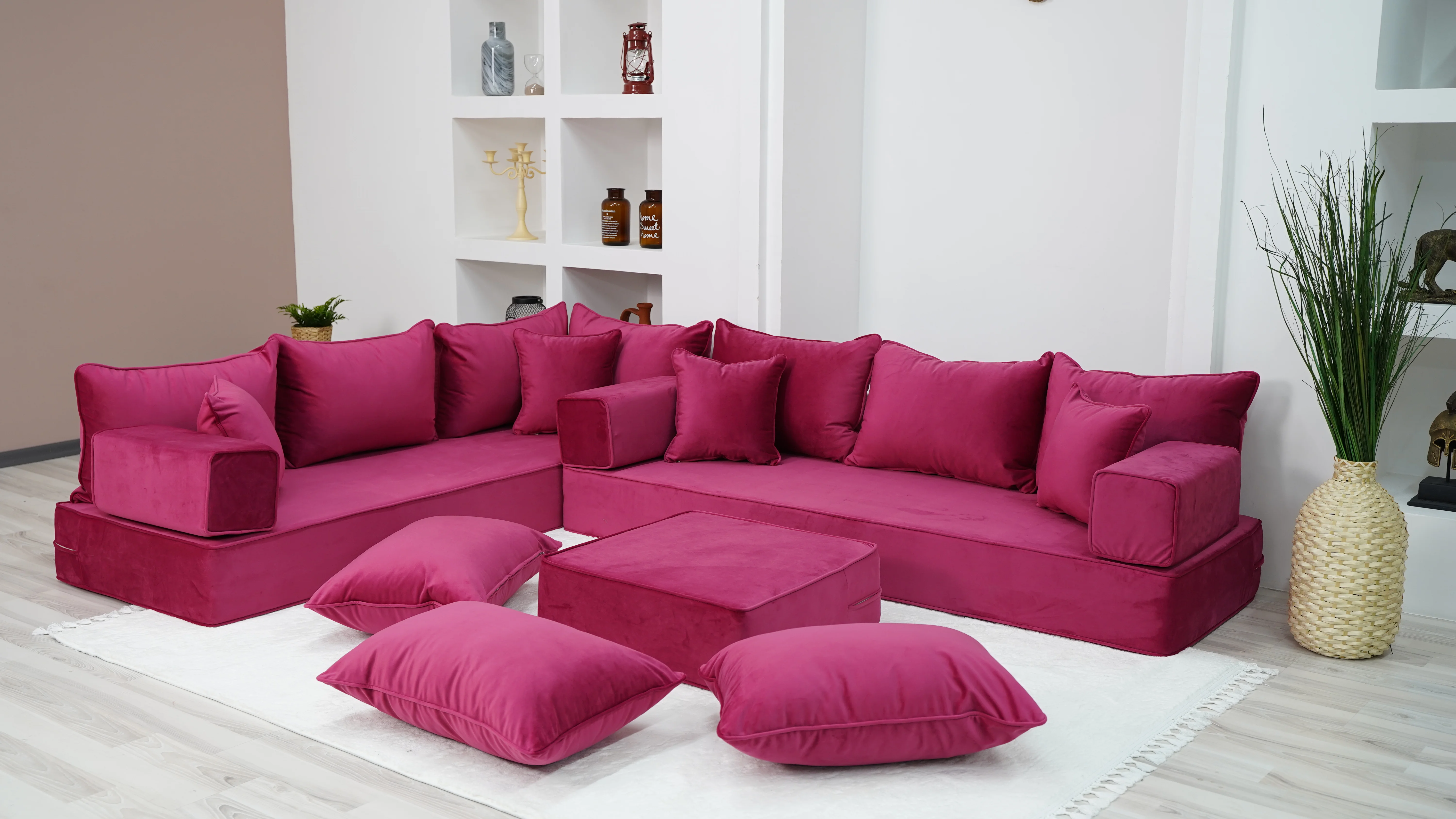 

8" Thickness Pink L Shaped Floor Seating, Modern Livingroom Floor Couch, Velvet Sofa Cover, Sofa Bed, Corner Velvet Sofa