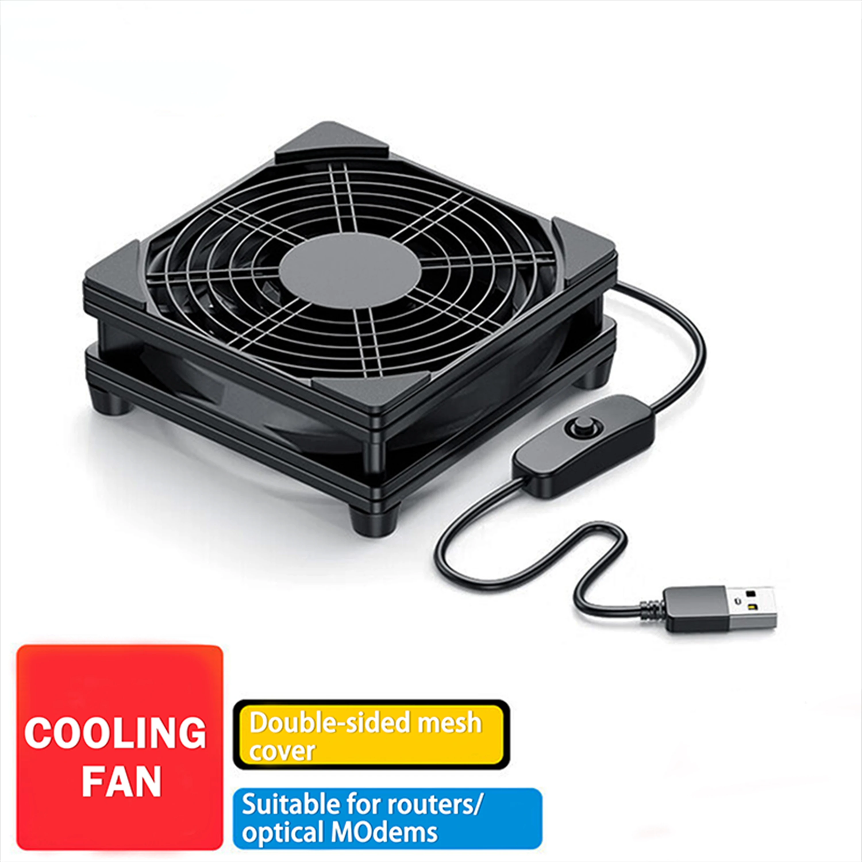Ventilador de refrigeración silencioso de 120 mm alimentado por USB con interruptor, malla de doble cara para router, módem, TV Box, PC