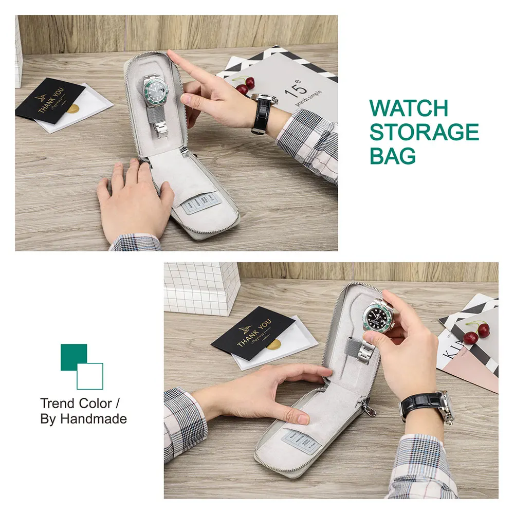 CONTACT'S FAMILY Vintage Handmade 100% Cowhide Leather Single Slot Watch Case with Zipper Travel Portable Pouch with Card Slot