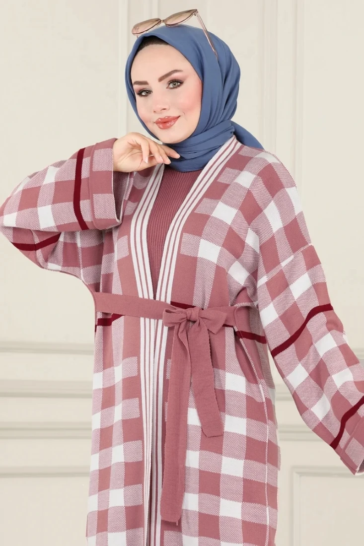 A women's Plaid Triple Knitwear Set: cap, blouse and trousers. Islamic  fashion clothes Made in Turkey.