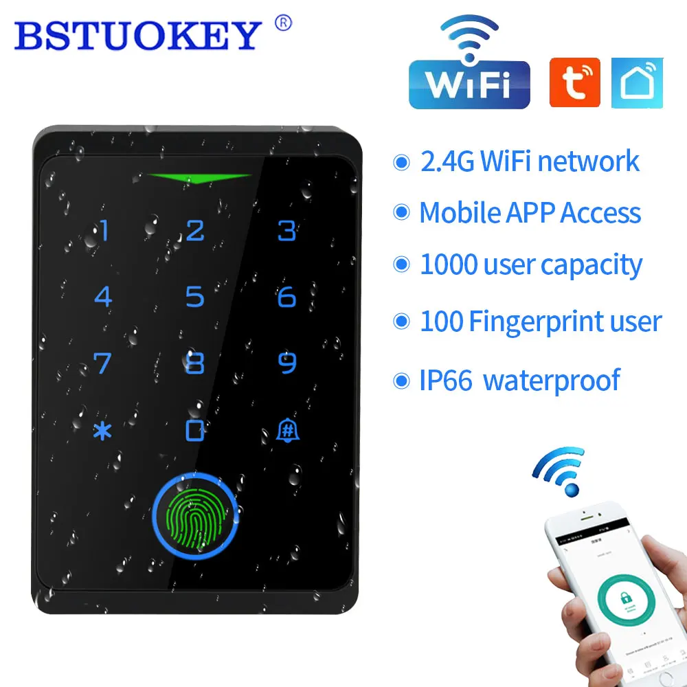 Anti-Vandal Waterproof Wifi Tuya Backlit Touch Fingerprint RFID Access Keypad 125Khz Card Reader Access Control System WG 26bits