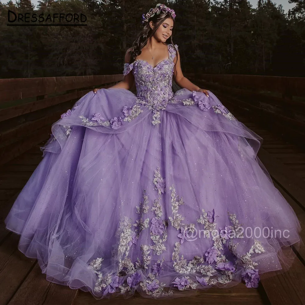 

Lavender Quinceanera Dresses Puffy 2022 Off Shoulder Lace Appliques Sequins Party Princess Sweet 15 16 Ball Gown Tiered