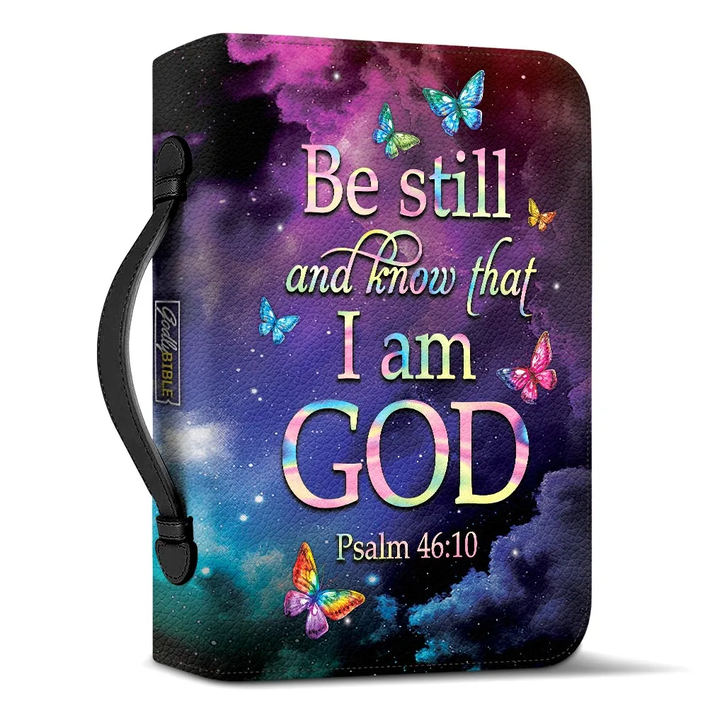Women's PU Leather Bible Cover Be Still And Know That I Am God Butterflies Design Ladies Bible Storage Bags Custom Your Name Bag