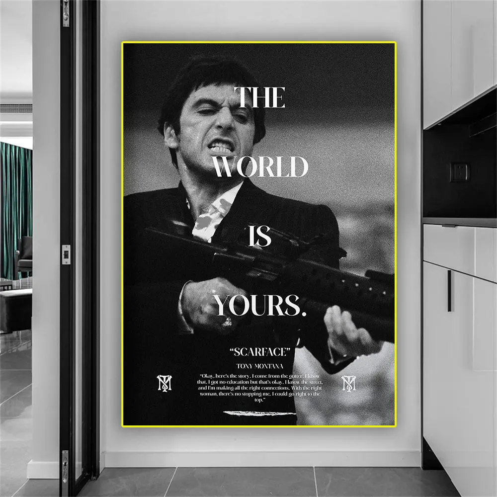

Scarface The World is Yours Poster Prints Classic Movie Portrait Canvas Painting Wall Art Black And White Living Room Home Decor