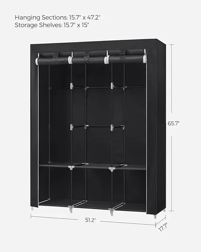 Portable Closet, Wardrobe Closet Organizer with Cover, 3 Hanging Rods and Shelves, 4 Side Pockets, 51.2 x 17.7 x 65.7 Inches, La 5