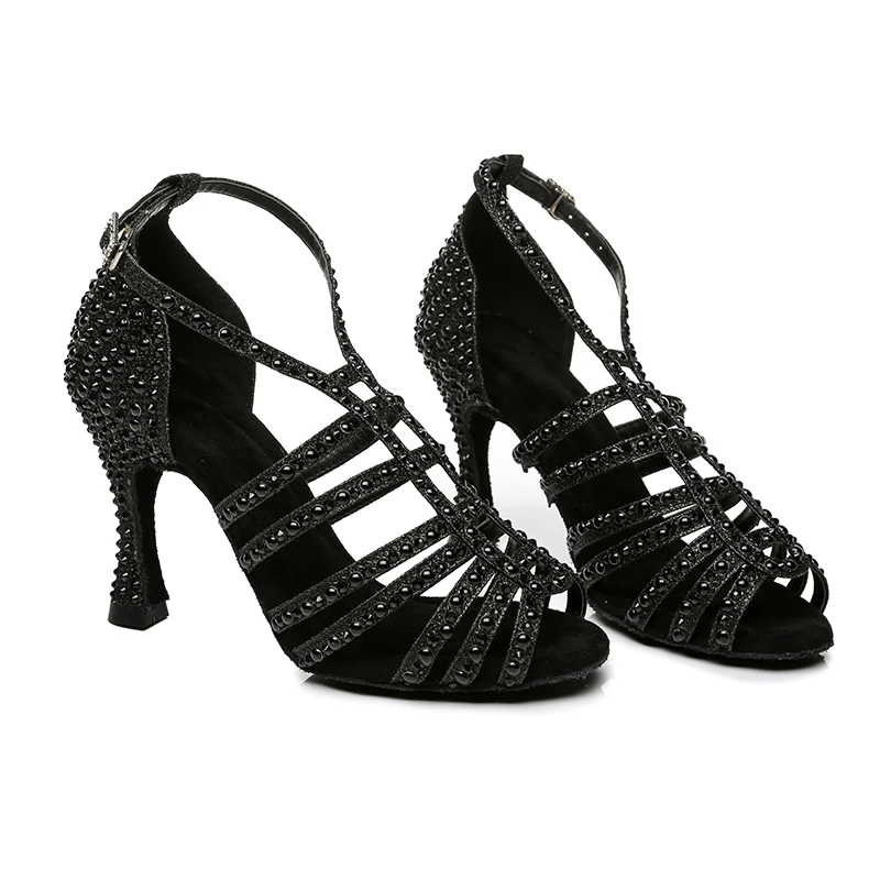 Woman Glitter Cloth Latin Dance Shoes for Girls Black Sliver Suede Leather Ballroom Shoes  Women Rhinestone Salsa Dancing Shoes