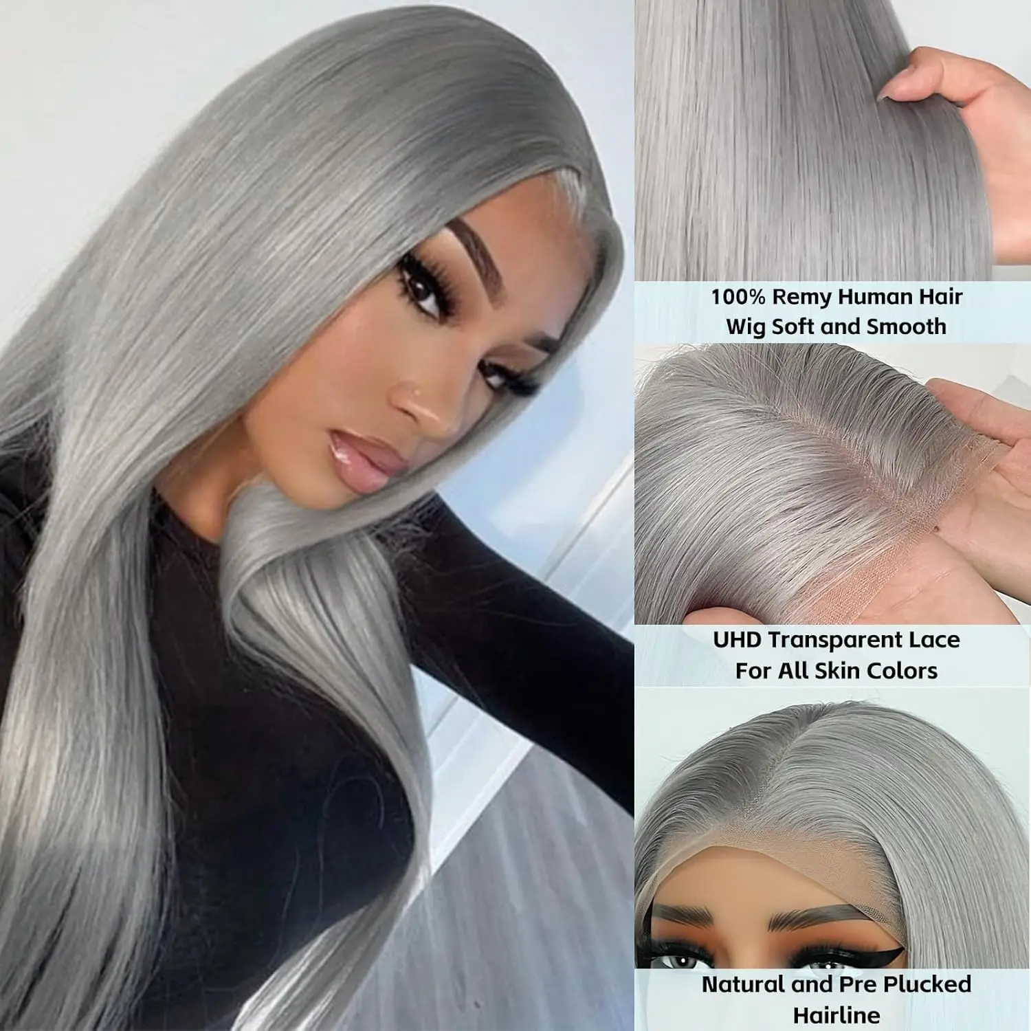 250 Density Silver Grey HD Lace Front Human Hair Wigs Pre Plucked Bone Straight 613 Colored 13X4 Lace Frontal Wigs Human Hair