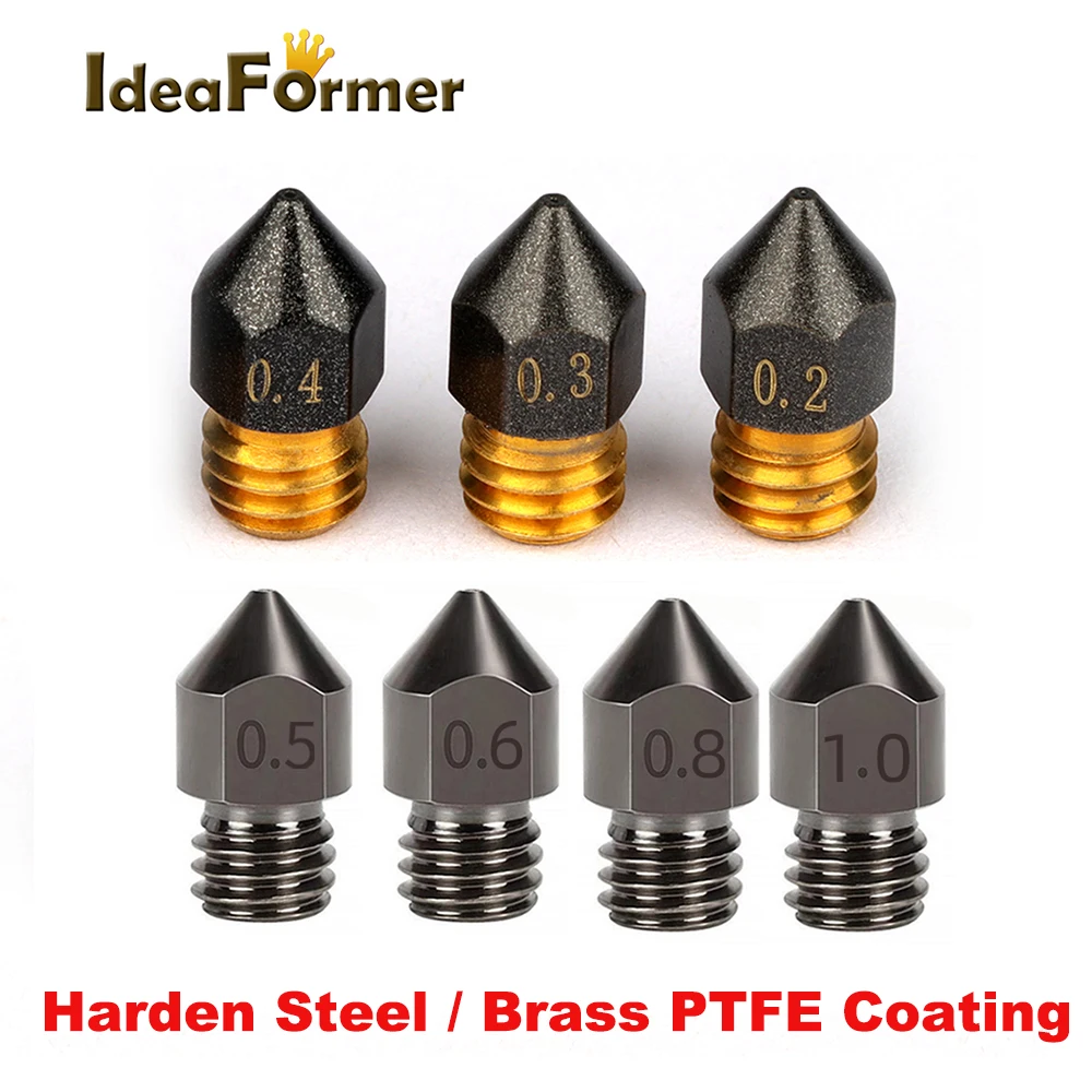 

Сопло MK8 MK7 из сверхтвердой стали/латуни с покрытием из ПТФЭ 0,2/0,3/0,4/0,5/0,6/0,8/1,0 мм для филамента 1,75 мм Ender3 Pro CR10 MK8 Hotend