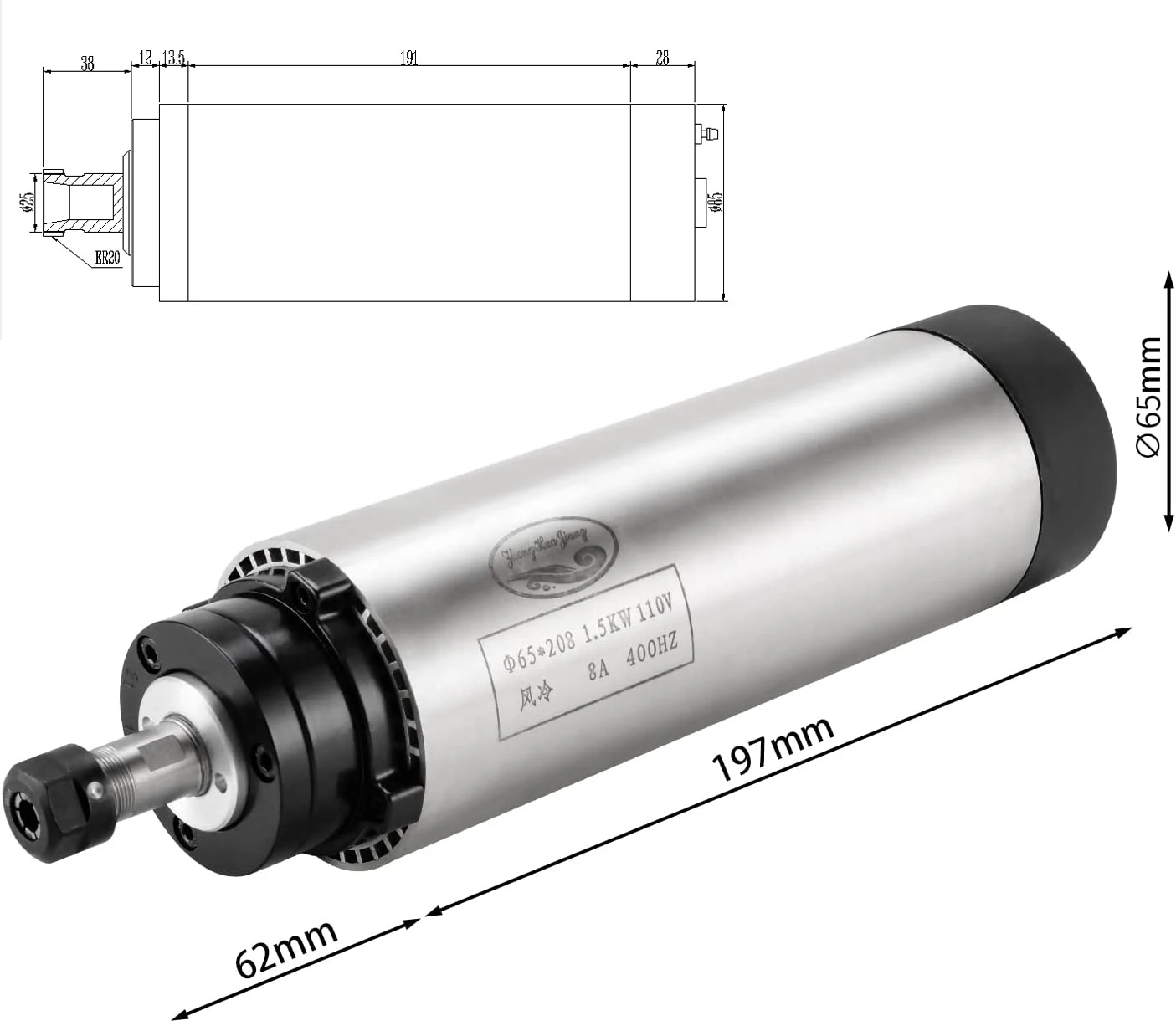 CNC Spindle CNC Motor 110V 1.5KW Air Cooled Spindle Motor 65mm 4 Bearings  24000RPM 400HZ for CNC Router Machine