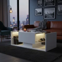 Table basse design 100cm haute brillance Noir/Blanc. 4 étagères verre trempé, tiroir. Lumière LED RGB (APP/Télécommande). 3