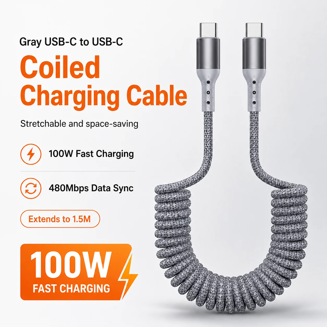 Coiled High-Speed USB C Charging Cable - 100W 1.5M Braided Spring Cord