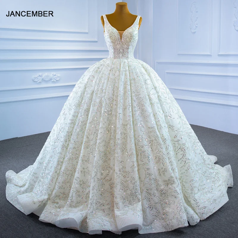 

RSM67254 Sexy Applique Print Pattern Metal Sequins Wedding Bridal Wedding Dress V-neck Transparent Lace Backless Wedding Gown