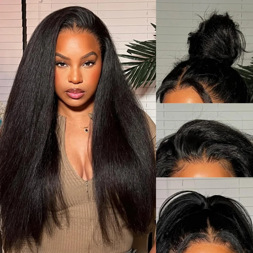 40Inches Kinky Straight Put On And Go Human Hair Wig 4C Yaki Straight 13x4 HD Glueless Lace Frontal Wigs for Women Pre Plucked 4