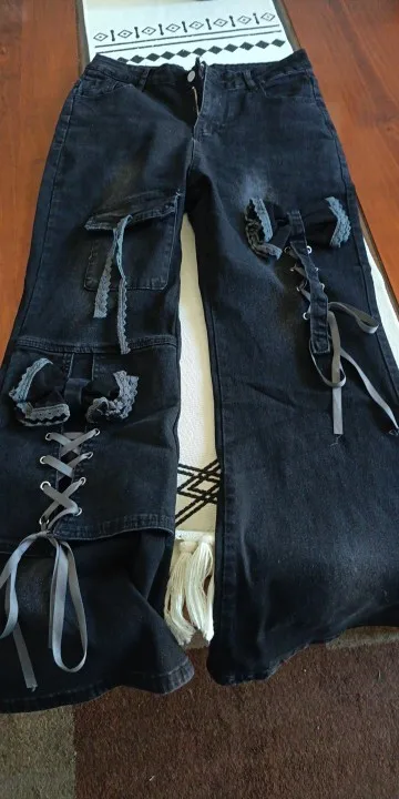 Women's Low Rise Flare Jeans Bow Lace Up Japanese Designer Denim Pants Shoujo Y2k American Retro Bell Bottom Jeans Harajuku New photo review