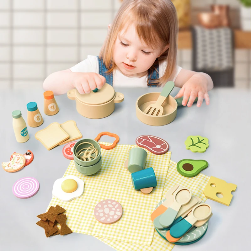 Wooden Toys Play Food Sets for Kids Kitchen Montessori Play Plates and Dishes Kitchen Accessories for Boys Girls Gifts