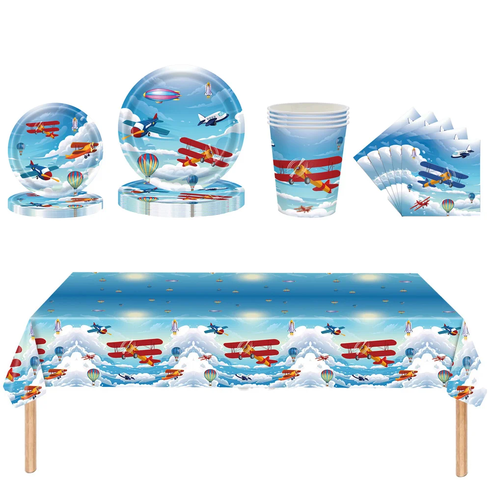 

Airplane Theme Party Supplies Paper Plates Cups Napkins Tablecloth for Kids Birthday Decorations Table Cover