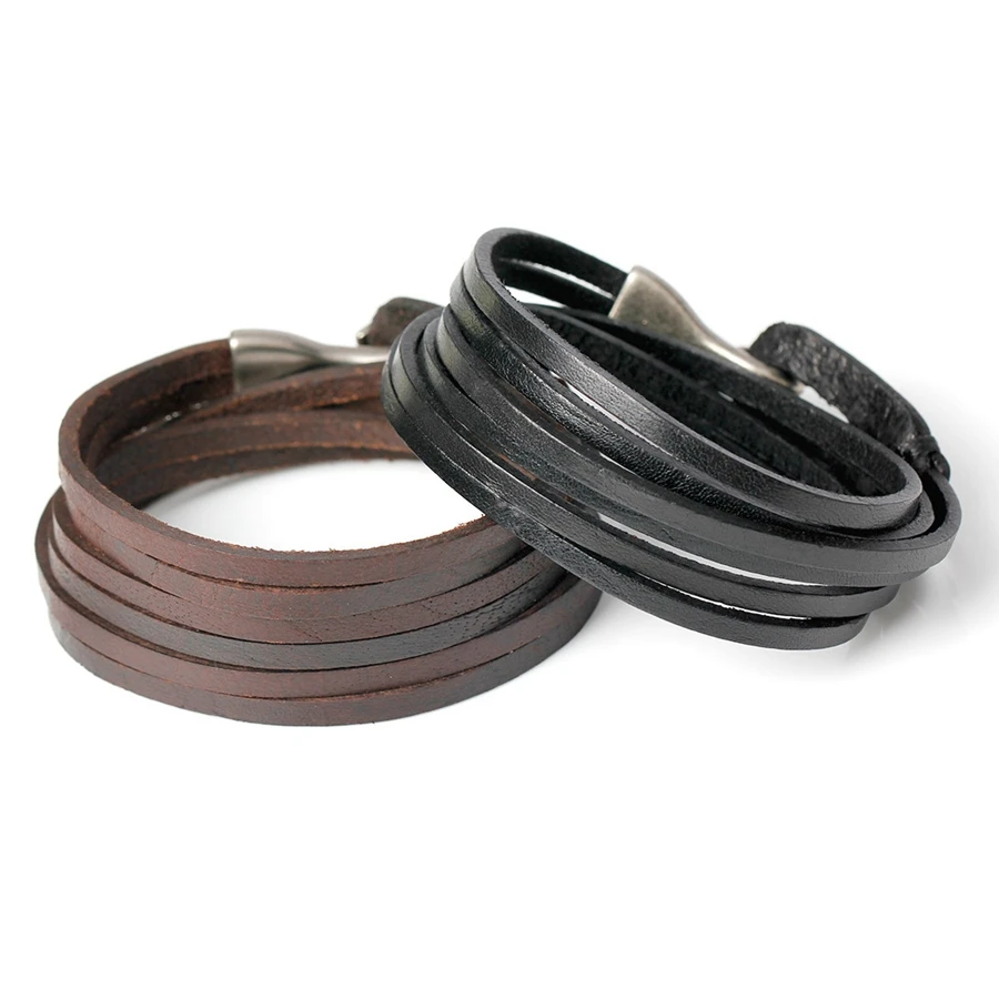 TYO Vintage Black/Brown Leather Multilayer Wrap Hook Bracelet Bangle Men Women Fashion Wristband Accessories Birthday Party Gift