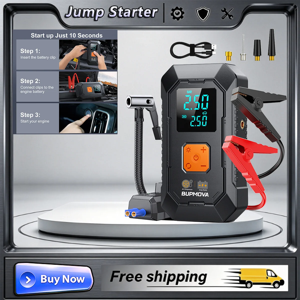 Dispositif de démarrage de batterie de voiture 8000A Peak, démarreur de voiture avec compresseur d'air, écran LCD, chargeur de démarrage portable 26800mAh, chargeur de batterie de voiture pour 12V (tous moteurs essence/12L diesel), démarrage rapide de la voiture, entrée/sortie USB, LED d'urgence 1