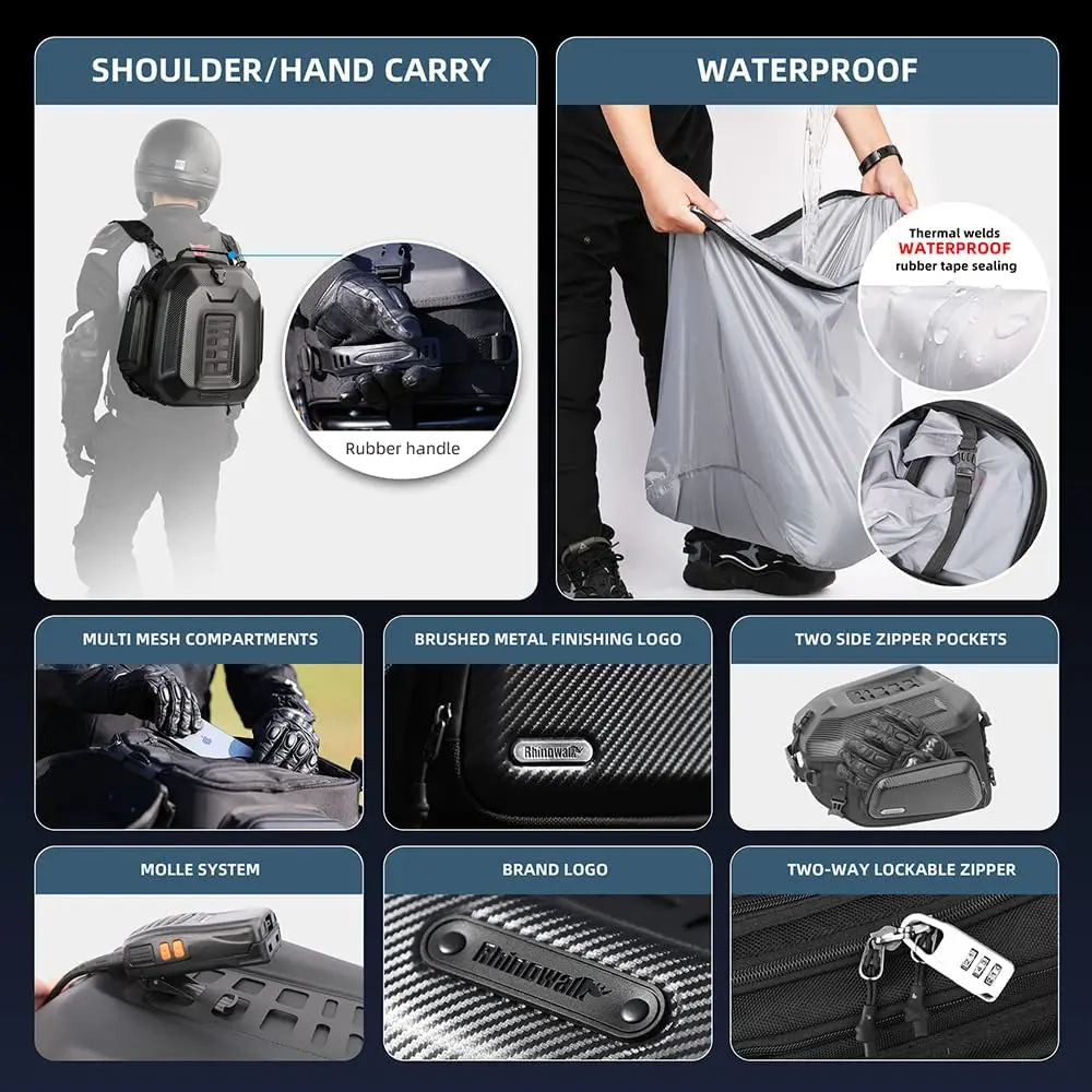 Rhinowalk Motorcycle Tail Bag 100%Waterproof 23L-35L Expandable Hardshell Backpack Luggage Rider Case Motorcycle Top Case
