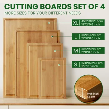 4-piece extra large kitchen bamboo cutting board set, heavy duty cutting board with juice groove, inner handle design. 2