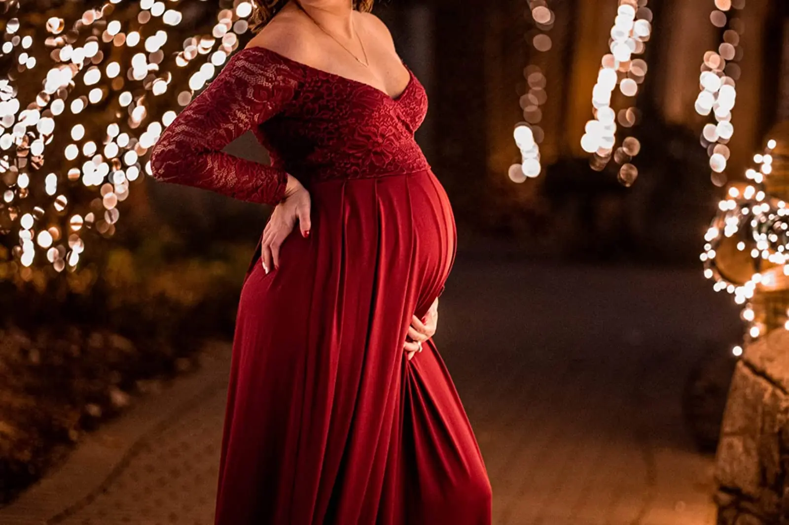 Soft Stretchy Lace Maternity Dress Pregnancy Maxi Gown for Photoshoot Baby Shower V Neck Long Sleeve Photography Dresses