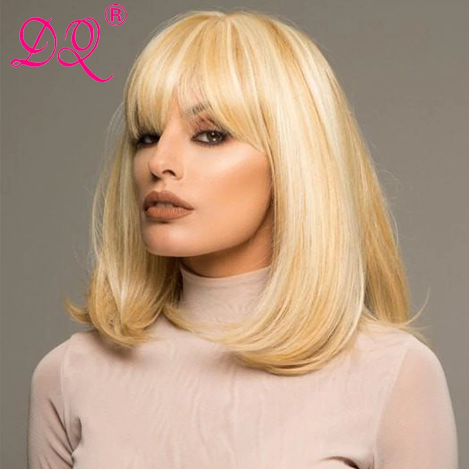 DQ Straight Hoeny Blonde Short Cut Bob Wig with Bangs Synthetic 613 Hair Colored Wigs for Women Halloween Cosplay Daily Style