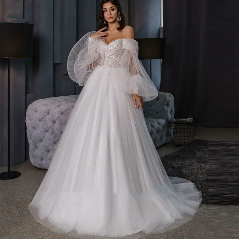 

Elegant A-Line Princess Wedding Dress Flare Sleeves Appliques Lace Up Back Floor Length Bridal Gown Vestidos De Noiva Challoner