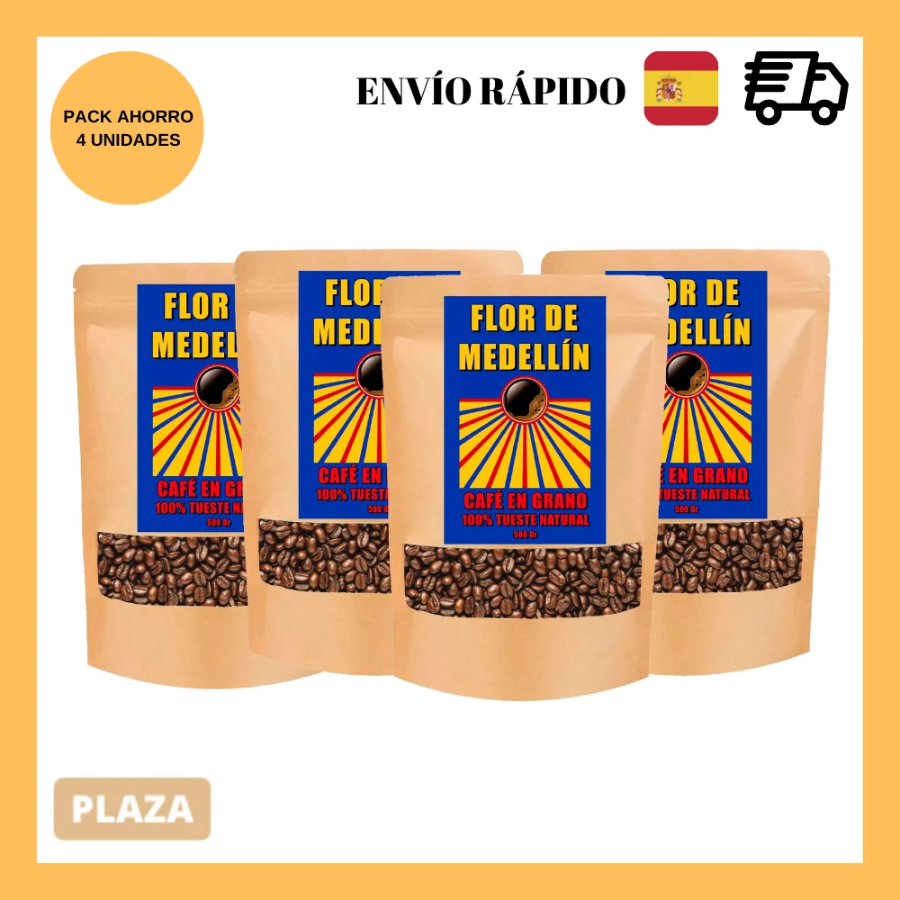 Café Flor de Medellín - Café en Grano 100% Tueste Natural - 4 Bolsas de 500 gr cada una. Taza de Café con mucho Aroma y Sabor