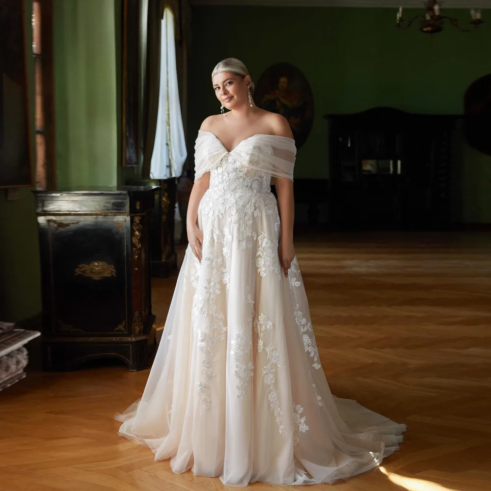 

Plus Size Off Shoulder Wedding Dresses Sweetheart Neck Appliques Floor Length A-Line Tulle Bridal Modest Vestido De Noiva