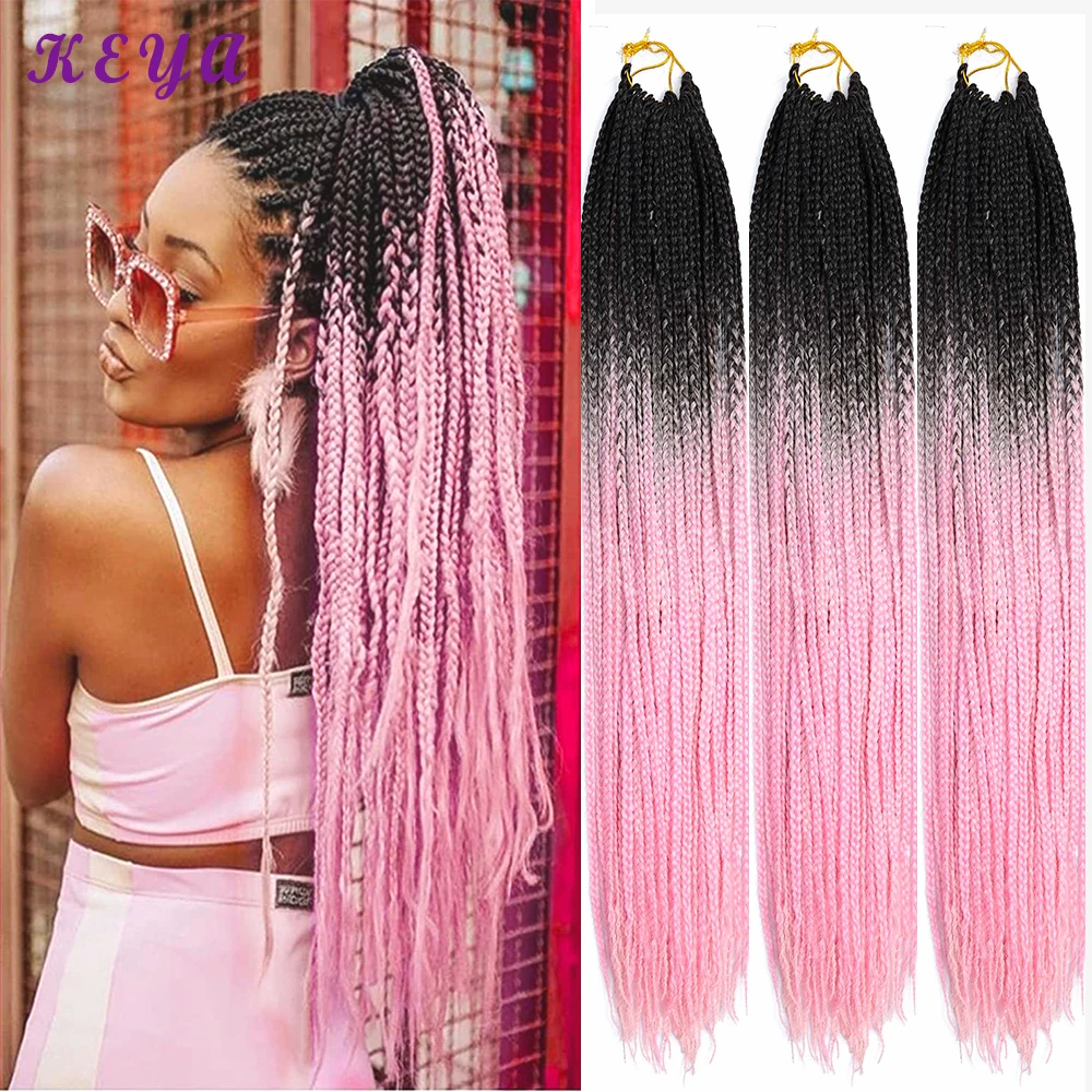 Box Braids Crochet Hair Ombre Pink Synthetic Braiding Hair Extensions 24 Inch Pre-Looped Crochet Braids Colourful African