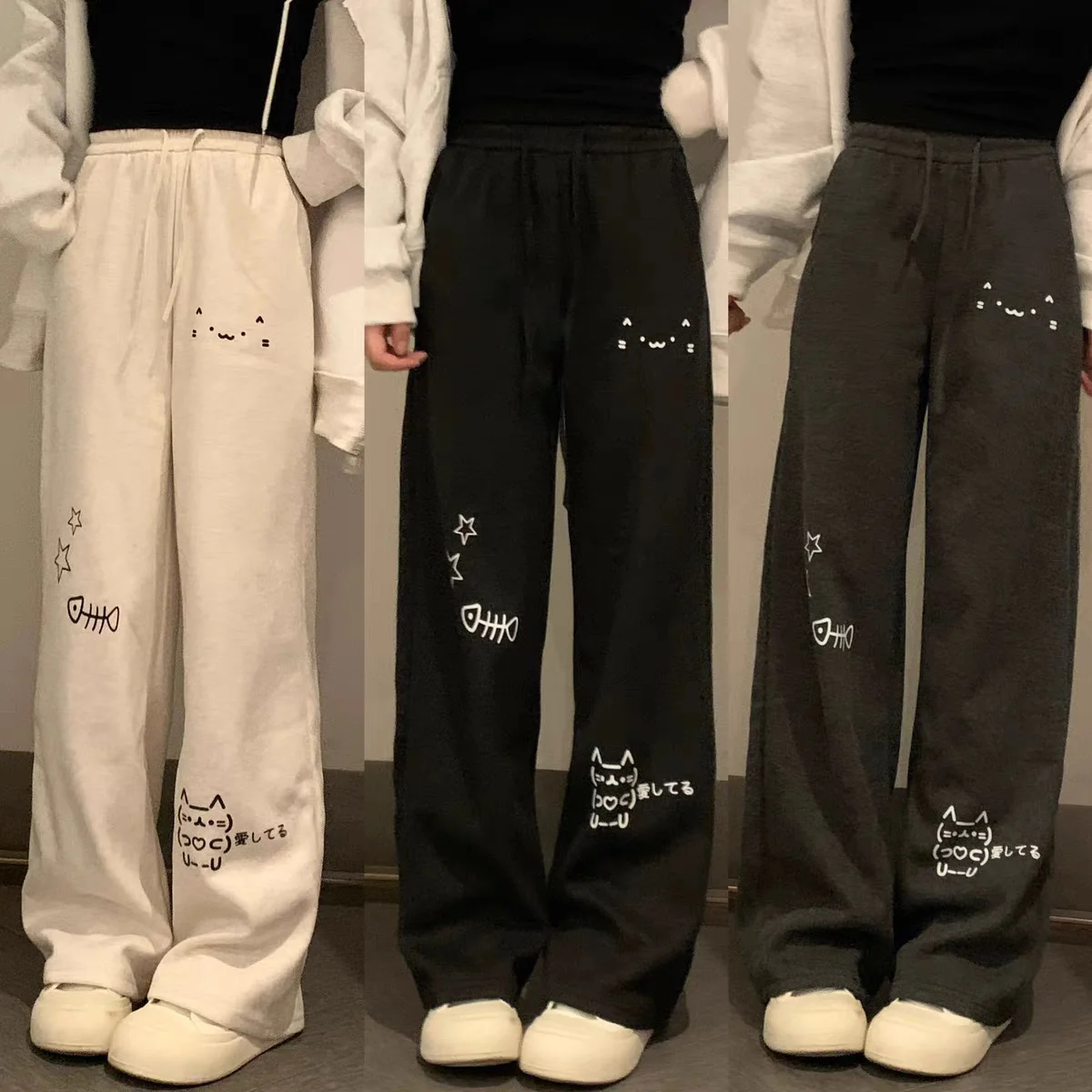 Japanese Wide Leg Cargo Pants Women Cartoon Print Preppy Style Pantalones Mujer Y2k Aesthetic Grunge Pocket Joggers Sweatpants