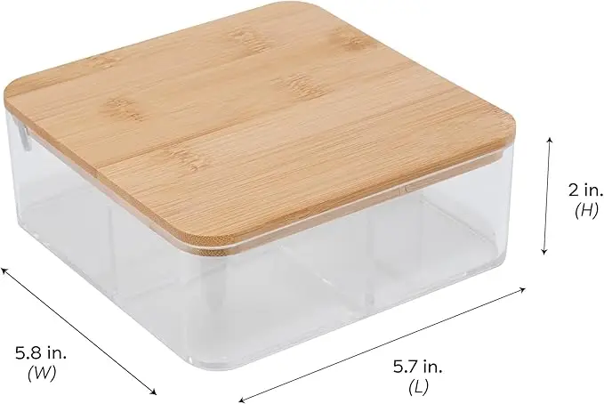 3-compartment organizer with bamboo lid. Includes mirror, clear design. For jewelry or cosmetics. 5