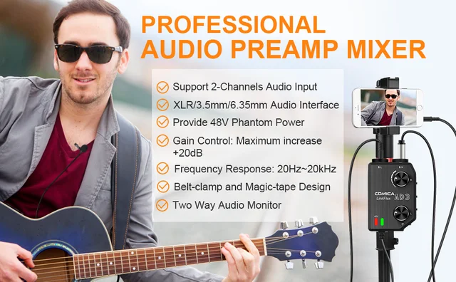 CoMica LINKFLEX AD3 Deux-Canaux XLR/3.5mm/6.35mm-3.5mm Préampli Audio / Adaptateur / Interface Pour Appareils Photo Reflex 3.5mm Et Téléphone Intelligent