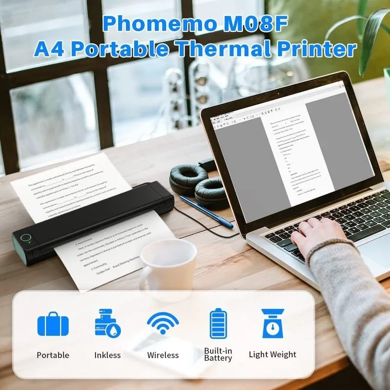 Portable Wireless A4 Bluetooth Thermal Printer for Travel Phomemo M08F