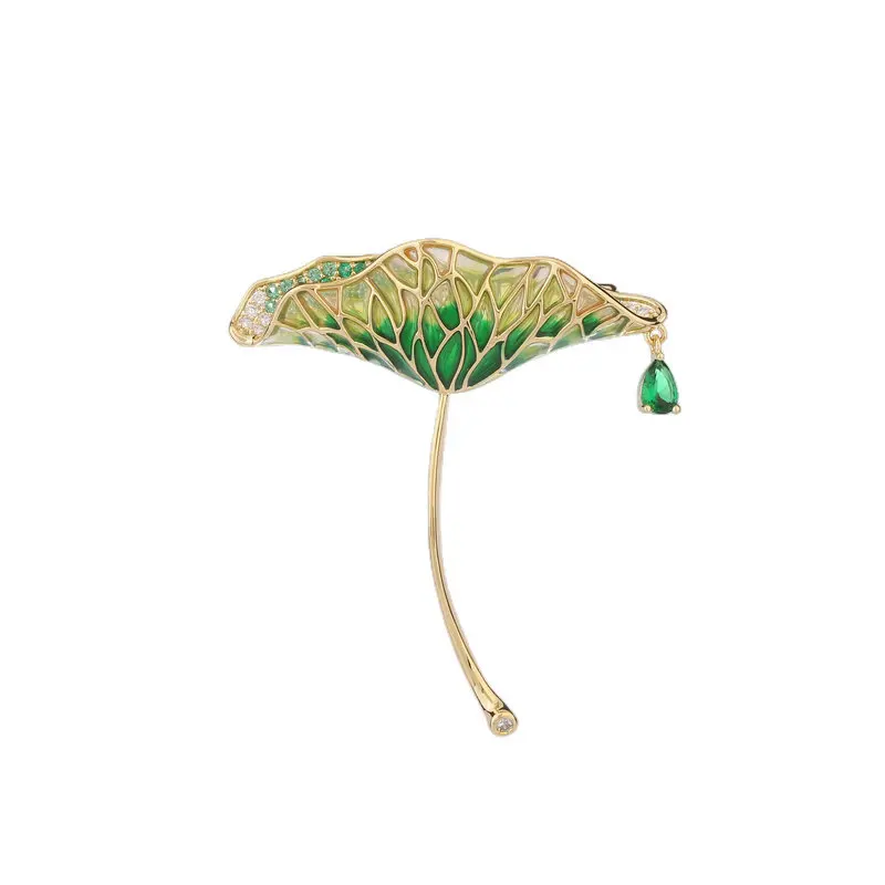 Hycro Lux New Copper Green Leaves Lotus Brooches for Women Luxury Christmas Gift with Zircon Chinese Lapel Pins for Backpacks