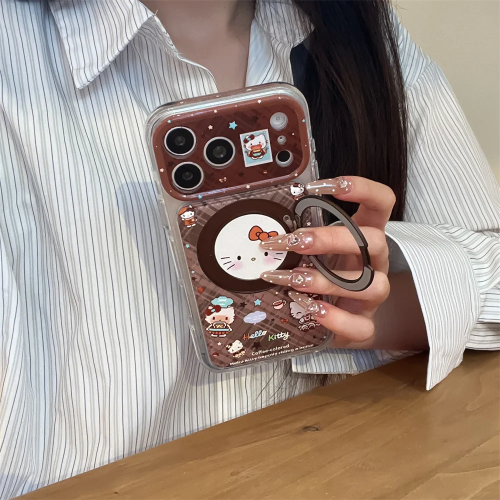 Kawaii Cartoon Kitten Plaid Leather Phone Case with MagSafe Holder - Cute Shockproof Cover