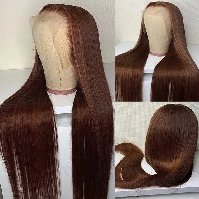 13X4 Chocolate Brown Lace Front Wigs Pre Plucked 30 Inch Brown Colored Bone Straight Synthetic Lace Frontal Wig For Black Women 4
